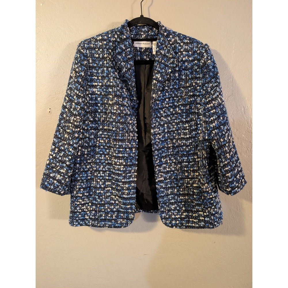 Alfred Dunner Size 10 Blue Boucle Tweed Blazer Jacket Open Front Lined